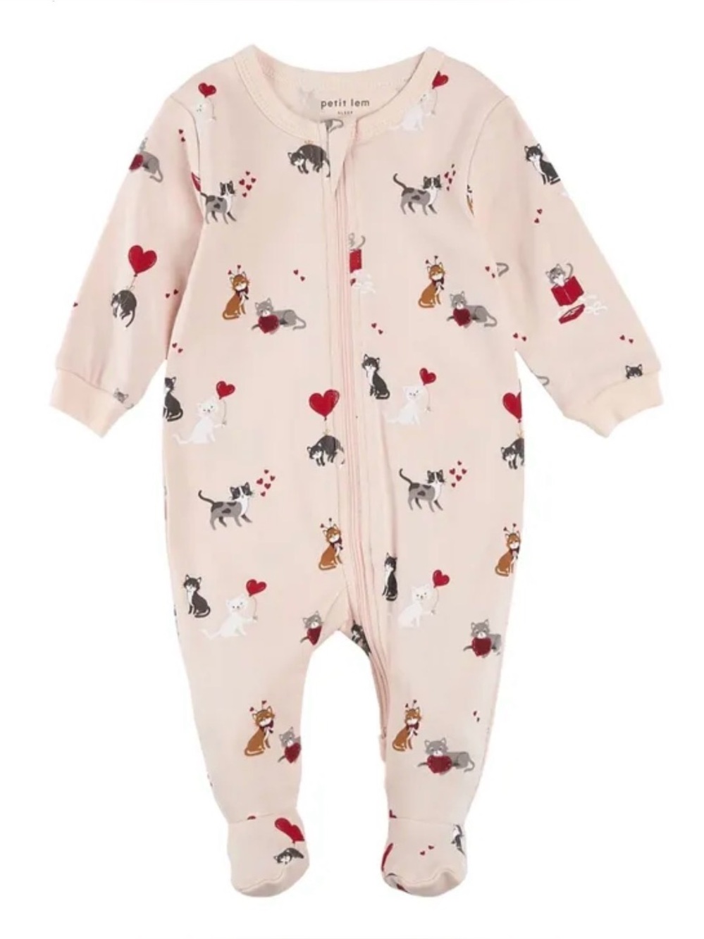 Petit Lem Pink Cat-Print Footed One-Piece
